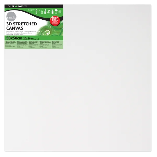Daler Rowney Simply Bastidor Entelado 3D - 50x50cm - Imprimacion Triple - Grano Medio - 100% Algodon sin Acido - 250g - Color Blanco