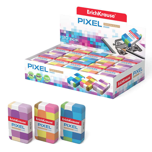 Erichkrause Pixel Goma de Borrar Suave de Forma Clasica - Fabricada de Caucho Termoplastico - Sin PVC - Colores Surtidos · Pack de 30 uds.
