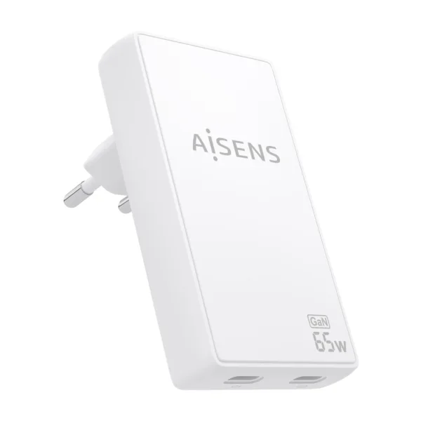 Aisens Cargador GaN Ultra Delgado 65W - 2xUSB-C PD3.0 QC4.0 - Tecnologia AI - Color Blanco