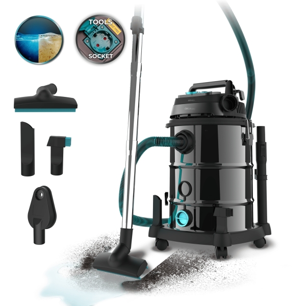 Cecotec Conga Rockstar Wet and Dry Steel Pro Tool Aspirador de Trineo - 1600W - Carcasa Metalica - Deposito 30L - Filtrado Multiple - Enchufe para Herramientas - Funcion de Soplado - Acero I