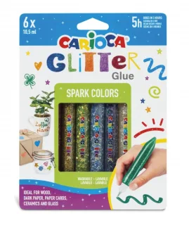 Carioca Glitter Glue Base Blister de 6 Tubitos de Cola de Color - Efecto Glitter - Aplicacion Directa - Secado en 30 Minutos - Color Varios