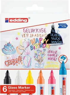 Edding 95 Pack de 6 Rotuladores para Cristal - Punta Redonda - Trazo 1.5-3mm - Colores Blanco, Amarillo, Negro, Naranja, Rosa y Azul