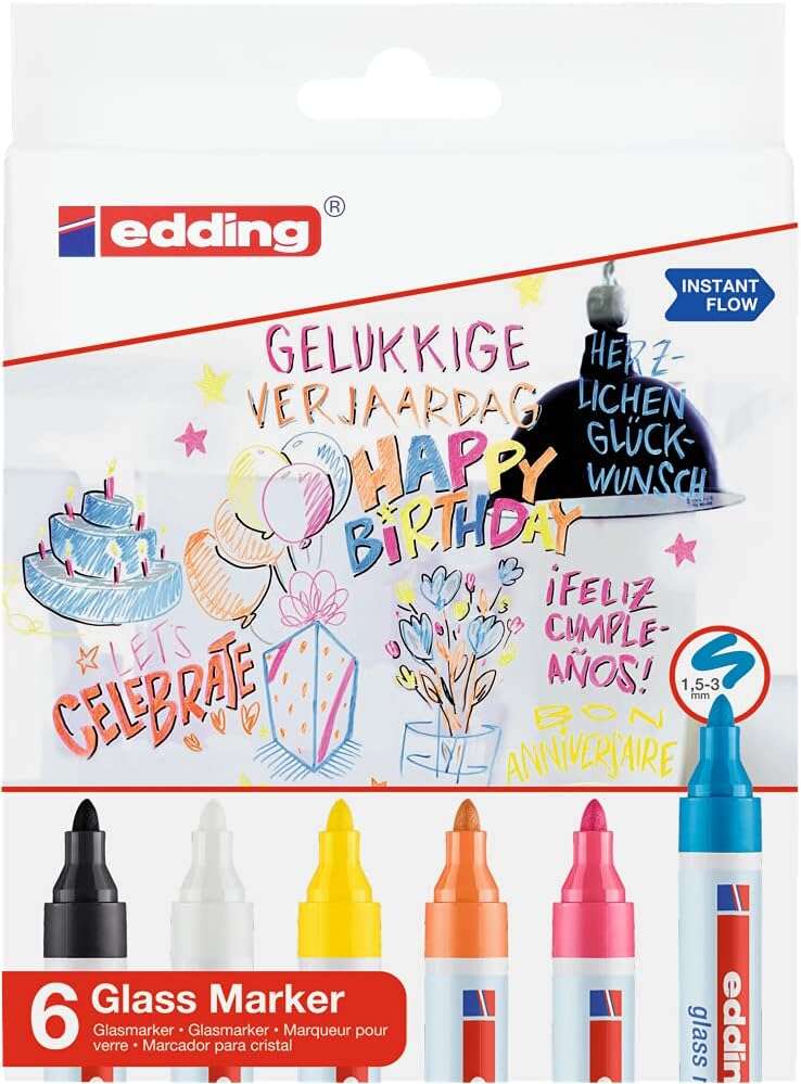 Edding 95 Pack de 6 Rotuladores para Cristal - Punta Redonda - Trazo 1.5-3mm - Colores Blanco, Amarillo, Negro, Naranja, Rosa y Azul