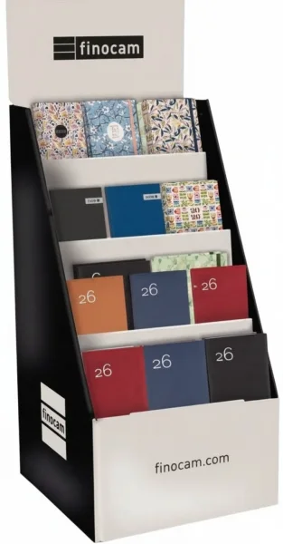 Finocam Expositor de Pie con 52 Agendas de Tapa Dura Surtidas en Catalan - Anual 2026 - Estructura de Carton - Color Surtidos