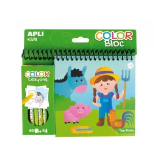 Apli Bloc de Dibujos de la Granja con Ceras - Ilustrado por Isabelle Nicolle - 45 Paginas - 5 Ceras de Colores - Ideal para Viajes - Alto Valor Didactico - Estimula Creatividad y Concentraci