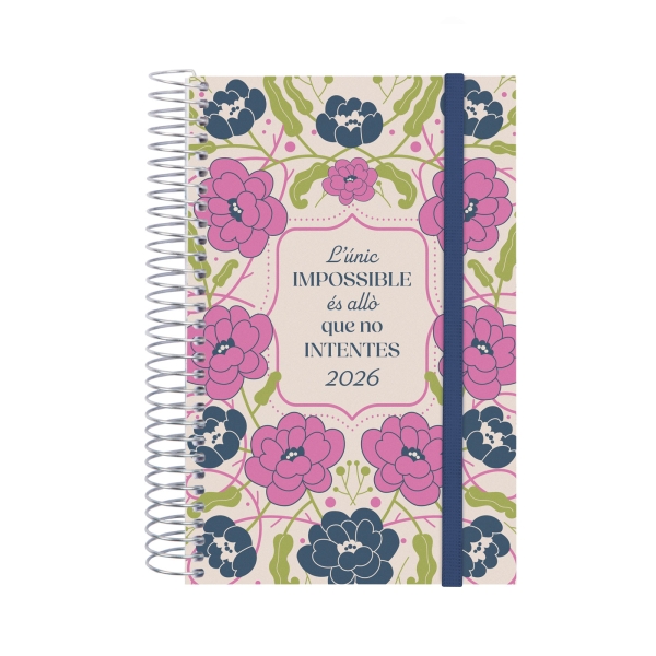 Finocam Design Collection Agenda de Espiral en Catalan - Anual 2026 - Tapa Ligera - Formato E5 - 132x25x181mm - 1 Dia por Pagina - Tematica de Flores