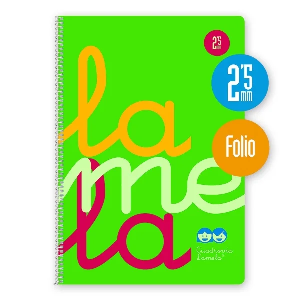 Lamela Cuaderno Espiral con 80 Hojas de 90g/m2 con Margen - Formato Folio - Pauta Cuadrovia de 2.5mm - Cubierta de Polipropileno - Papel Offset Blanco Extra - Color Verde Fluorescente