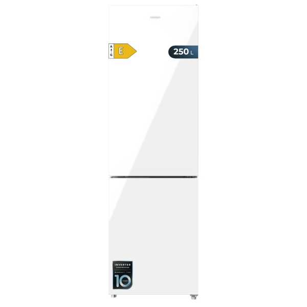 Cecotec Bolero CoolMarket Combi 250 White Glass E Frigorifico Combi - Capacidad 250L - Temperatura Regulable - Frio Envolvente - Cajon Humedad Regulable - Clase E - 54x57.6x180cm - Color Bla