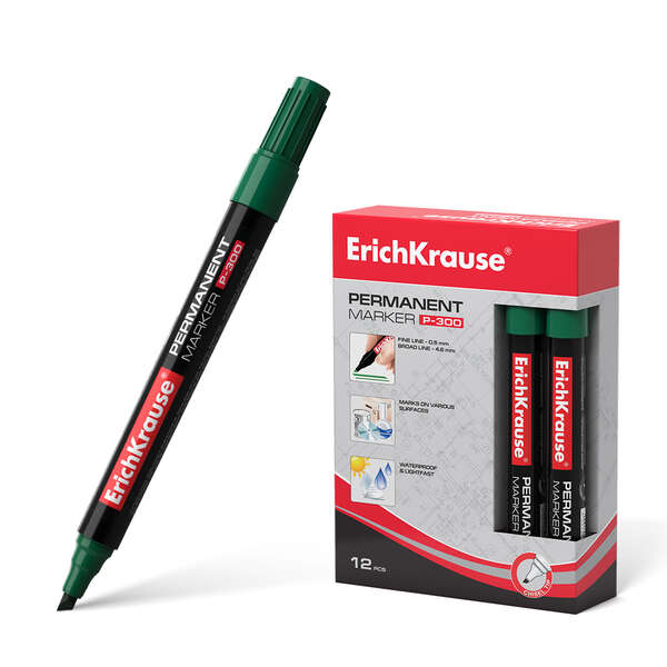 Erichkrause Marcador Permanente P-300 - Punta Biselada - Resistente al Agua y a los Rayos UV - Color Verde · Pack de 12 uds.