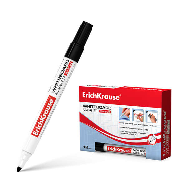 Erichkrause W-500 Rotulador para Pizarra Blanca - Punta en Forma de Bala - Trazo de 0.8 a 2.5mm - Tinta a Base de Alcohol - Color Negro · Pack de 12 uds.