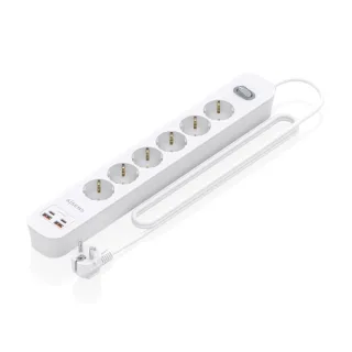 Aisens Regleta con 6 Tomas Schuko - 2xUSB-C - 2xUSB-A - Cable de 1.4m - Interruptor con Indicador LED - Power Delivery - Qualcomm 3.0 - Color Blanco