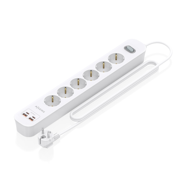 Aisens Regleta con 6 Tomas Schuko - 2xUSB-C - 2xUSB-A - Cable de 1.4m - Interruptor con Indicador LED - Power Delivery - Qualcomm 3.0 - Color Blanco