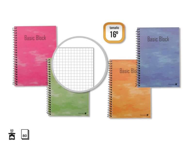 Golden Cuaderno Espiral 16º Natural (102x71mm) 80 Hojas 60gr Cuadricula - Tapa Plastificada - Margen Remarcado - Colores Surtidos · Pack de 10 uds.