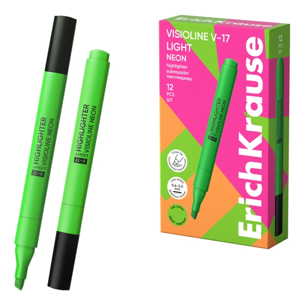 ErichKrause Visioline V-17 light Neon Marcador Fluorescente - Punta Biselada - Trazo de 0.6 a 3.0mm - Color Verde · Pack de 12 uds.