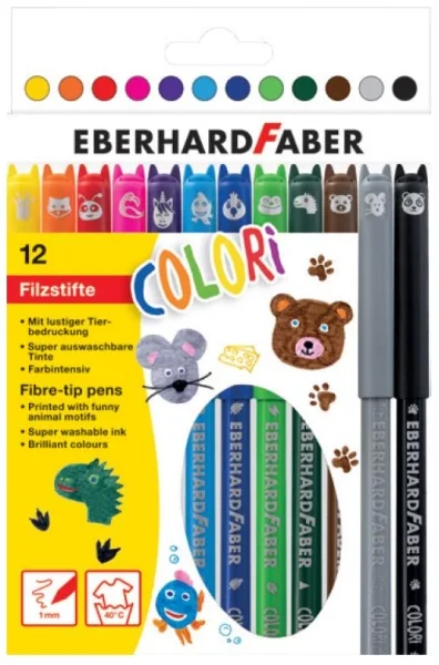 Eberhard Faber Pack con 12 Rotuladores con Estampados de Animales - Trazo de 1mm aprox. - Tinta a Base de Agua - Tapa Ventilada - Colores Surtidos