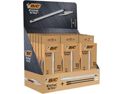 Bic Cristal Re´new Expositor con 21 Packs de Boligrafo de Bola con Cuerpo Metalico + 2 Recambios - Incluye 50 Bic Cristal Azul de Regalo - 15 Tinta Azul y 6 Tinta Negra - Punta Media de 1.0mm - Tinta con Base de Aceite - Color Azul