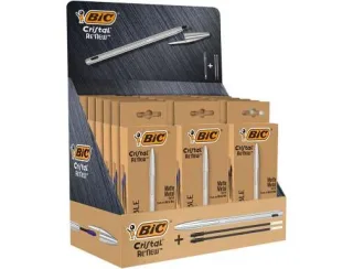 Bic Cristal Re´new Expositor con 21 Packs de Boligrafo de Bola con Cuerpo Metalico + 2 Recambios - Incluye 50 Bic Cristal Azul de Regalo - 15 Tinta Azul y 6 Tinta Negra - Punta Media de 1.0m