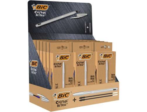 Bic Cristal Re´new Expositor con 21 Packs de Boligrafo de Bola con Cuerpo Metalico + 2 Recambios - Incluye 50 Bic Cristal Azul de Regalo - 15 Tinta Azul y 6 Tinta Negra - Punta Media de 1.0mm - Tinta con Base de Aceite - Color Azul