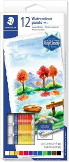 Staedtler Pack de 12 Tubos de Acuarela 12ml - Colores Brillantes - Usar en Papel Acuarela o Cartulina - Colores Surtidos