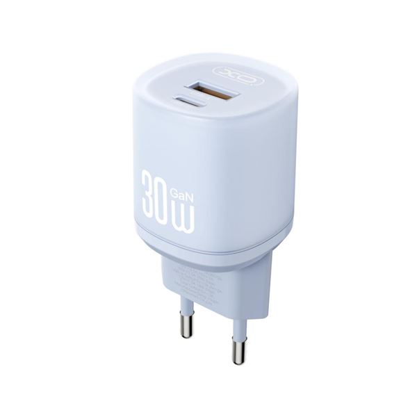 XO L151 Cargador de Pared - Potencia 30W - Tecnologia GaN - USB-A y USB-C - Carga Rapida - Doble Puerto - Compacto - Color Azul