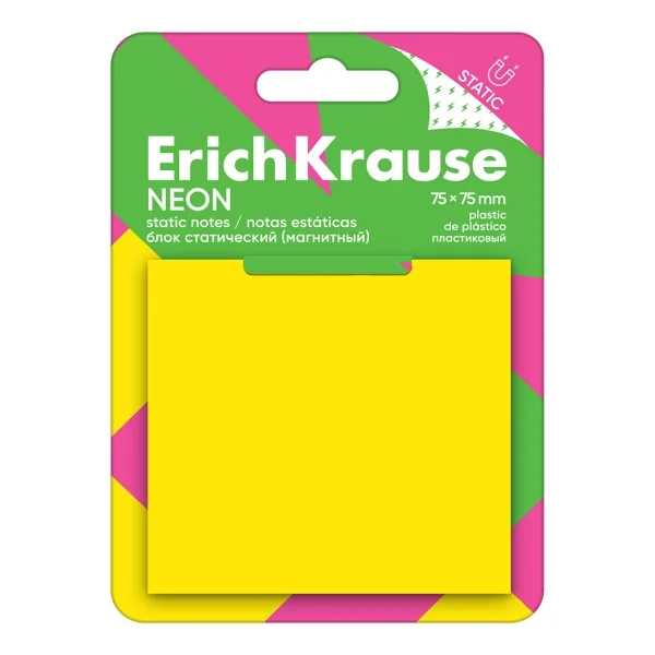 ErichKrause Neon Bloc de 50 Notas Adhesivas Reposicionables - Plastico - 75x75mm - Pegamento a Base de Agua - Color Amarillo