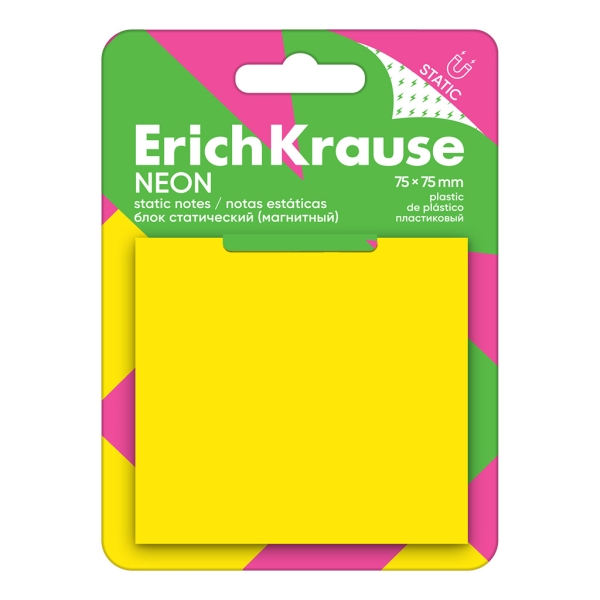 ErichKrause Neon Bloc de 50 Notas Adhesivas Reposicionables - Plastico - 75x75mm - Pegamento a Base de Agua - Color Amarillo