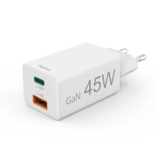 Hama Cargador de Pared - Potencia 45W - USB-C - USB-A - Power Delivery - Qualcomm - Color Blanco