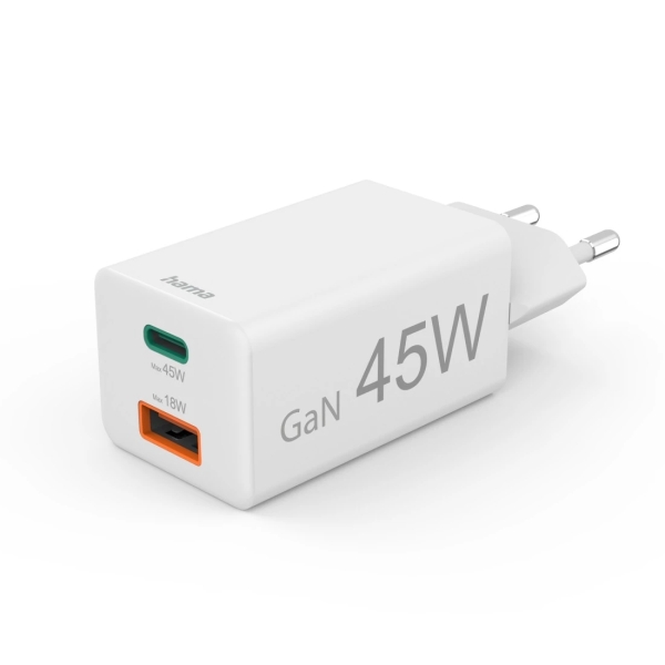 Hama Cargador de Pared - Potencia 45W - USB-C - USB-A - Power Delivery - Qualcomm - Color Blanco