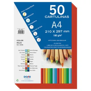 Dohe Pack de 50 Cartulinas A4 de 180gr - Con PH Neutro - Libres de Cloro Elemental - Color Rojo