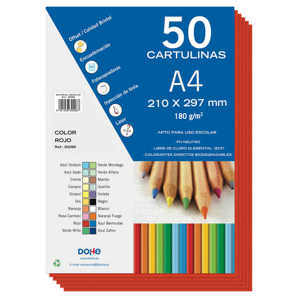 Dohe Pack de 50 Cartulinas A4 de 180gr - Con PH Neutro - Libres de Cloro Elemental - Color Rojo