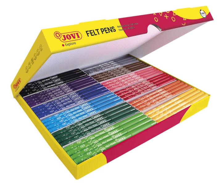 Jovi Felt Pens Caja de 144 Rotuladores - Punta de 3mm - Capuchon Ventilado - Grip Triangular Ergonomico - Tinta de Gran Fijacion - Ideal para Colegios - Colores Surtidos