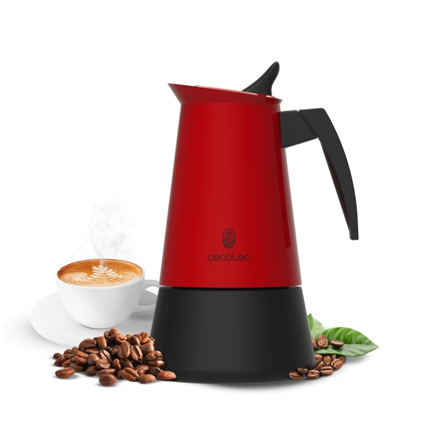 Cecotec Piccolina 900 Cafetera Italiana para 9 Tazas - Acero Inoxidable - Compatible con Induccion y Gas - Mango Ergonomico y Resistente - Valvula de Seguridad - Color Rojo