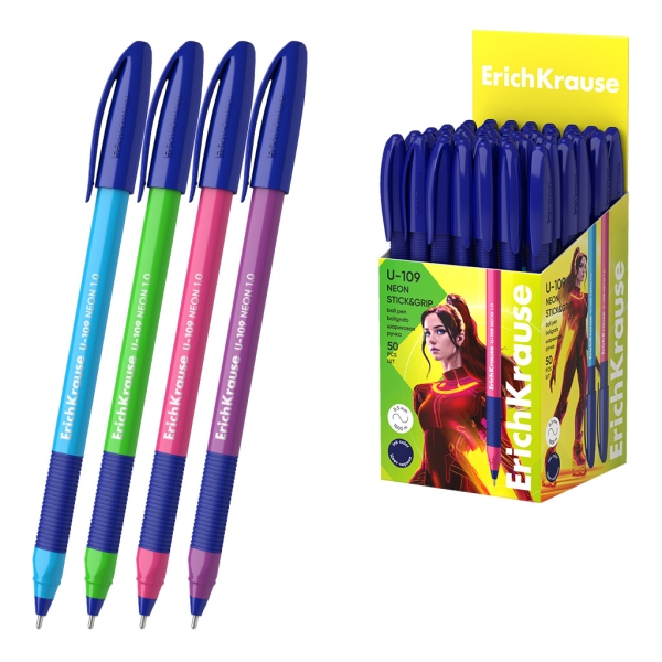 ErichKrause U-109 Stick and Grip Neon Boligrafo con Capuchon - Modelos Surtidos - Trazo 0.3mm - Zona de Agarre de Goma - Tinta de Baja Viscosidad - Tapa Ventilada - Color Azul · Pack de 50 uds.