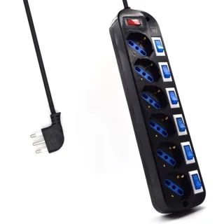 Ewent Regleta con 6 Tomas Tipo L/F (Schuko) de 10/16A - Interruptor On/Off General e Individual - Proteccion contra Sobretensiones - Proteccion Infantil - Enchufe Italiano Plano en Angulo -