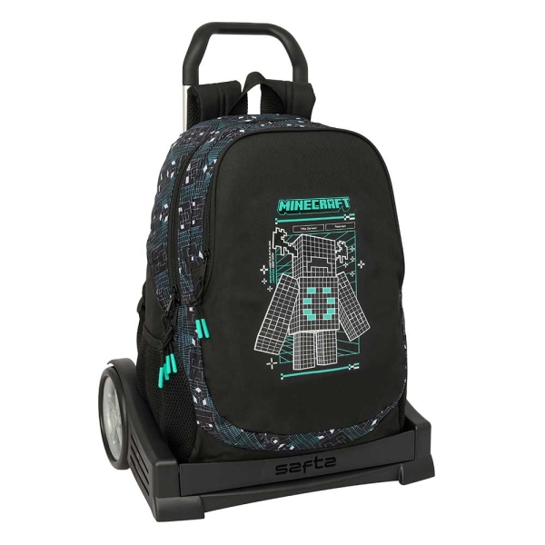 Safta Minecraft Screen Mochila con Carro - Extraible - 23L - Portabotellas - Cremallera con Doble Tirador - Asa de Mano - Espalda Acolchada Antisudor - 32x44x16cm - Color Negro