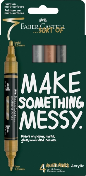 Faber-Castell Multimark Acrylic Mirror Pack con 4 Rotuladores Acrilicos Doble Punta Efecto Espejo - Puntas Redondas de 1mm y 3mm - Tinta Acrilica a Base de Agua - Colores Surtidos