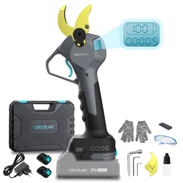 Cecotec TitanCut 3000 Tijeras de Podar Inalambricas - Ramas hasta 30mm - 400W - 2 Baterias 21V 2Ah - Pantalla Digital - Incluye Accesorios - Motor sin Escobillas - Color Gris Oscuro
