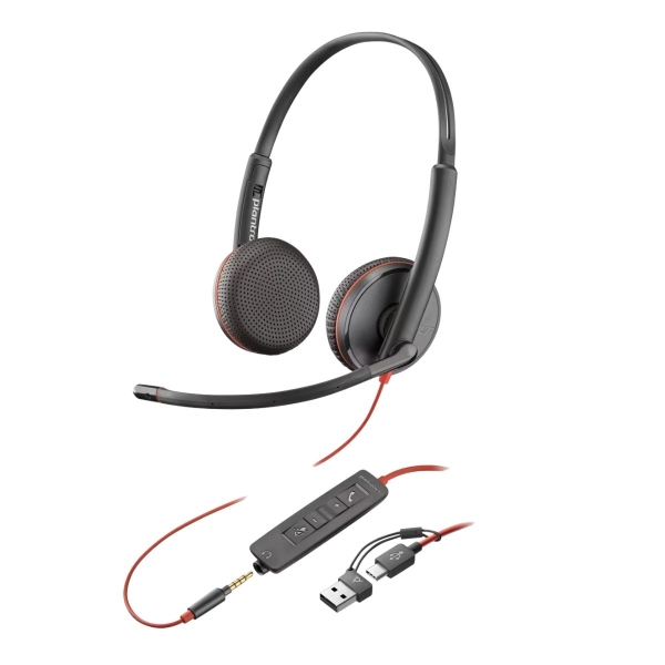 HP Poly Blackwire 3220 USB-C Auriculares con Microfono - Almohadillas Acolchadas - Controles en Cable - Adaptador USB-A - Color Negro