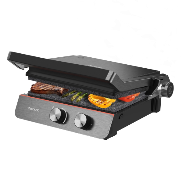 Cecotec Rock'nGrill Blaze Neon Parrilla Electrica - 2200W - Antiadherente - Apertura 180º - Luz Indicadora de Temperatura - Placas Desmontables - Temperatura Regulable - 29x23cm - Color Negr