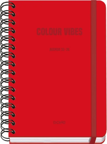 Dohe Colour Vibes Agenda Escolar 25/26 Espiral Wire’o A5 - Semana Vista - Papel 80g/m2 - 4 Hojas de Pegatinas - Cubierta de Carton Plastificado - Cierre con Goma Elastica - Color Rojo