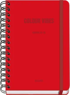 Dohe Colour Vibes Agenda Escolar 25/26 Espiral Wire’o A5 - Semana Vista - Papel 80g/m2 - 4 Hojas de Pegatinas - Cubierta de Carton Plastificado - Cierre con Goma Elastica - Color Rojo
