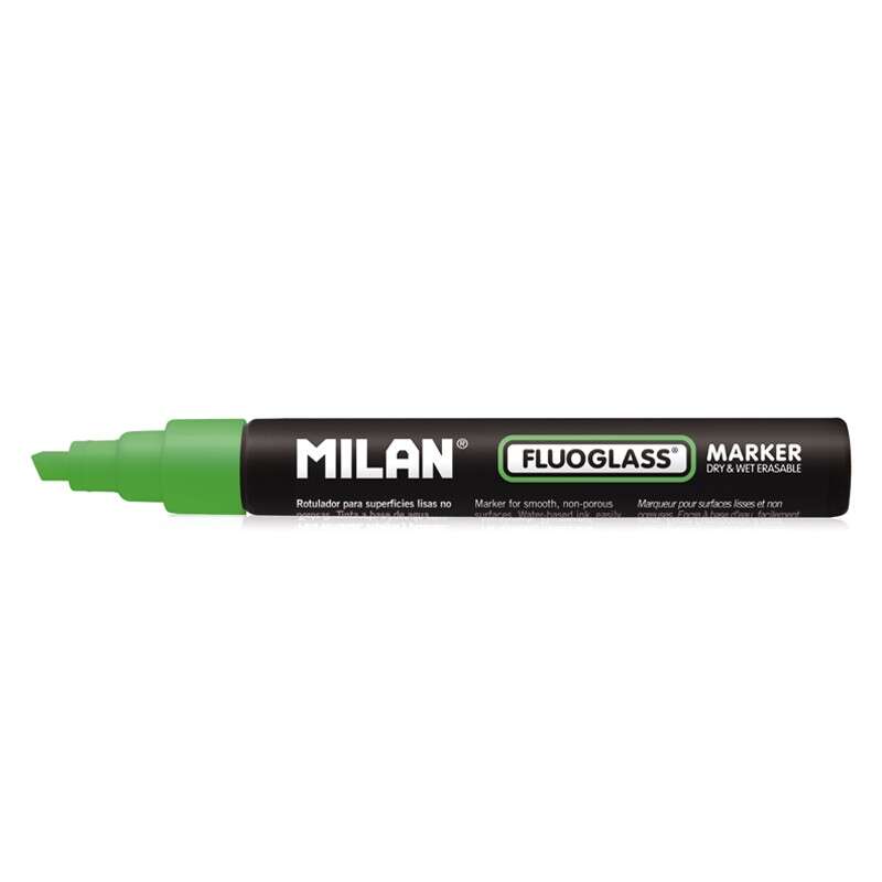 Milan Fluoglass Rotulador Superficies Lisas - Punta Biselada - Trazo de 2 - 4mm - Tinta al Agua - Borrado Facil - Color Verde · Pack de 12 uds.