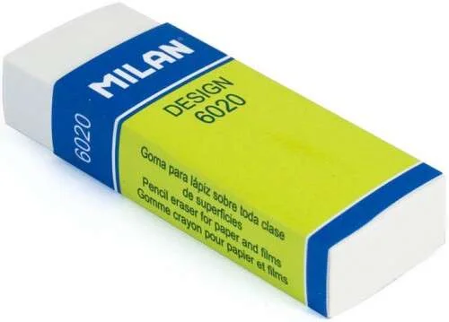Milan Nata 6020 Goma de Borrar para Dibujo Rectangular - Plastico - Faja de Carton Verde - Envuelta Individualmente - Color Blanco · Pack de 20 uds.