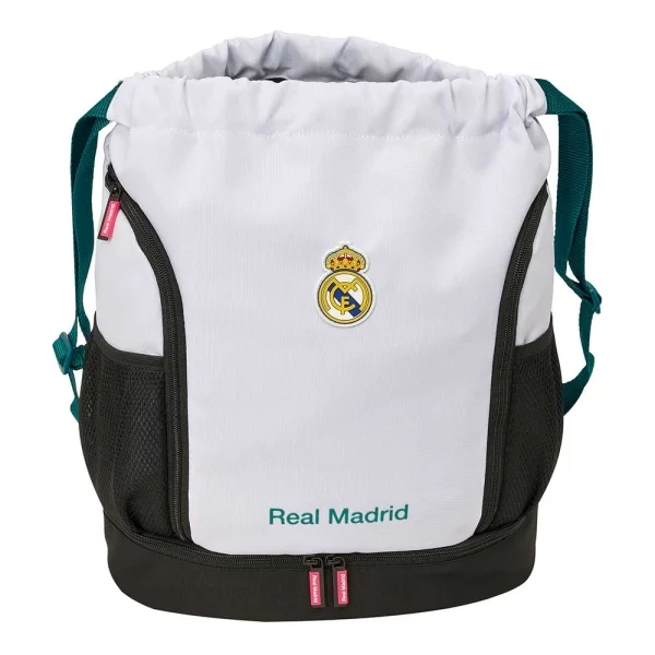 Safta Real Madrid Equipacion 26/27 Saco Mochila - Cremallera Bidireccional - Portabotellas - Hombreras de Cinta Ajustables - Compartimento Inferior - 35x40x1cm - Color Blanco y Negro