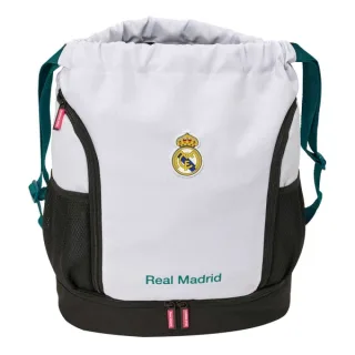 Safta Real Madrid Equipacion 26/27 Saco Mochila - Cremallera Bidireccional - Portabotellas - Hombreras de Cinta Ajustables - Compartimento Inferior - 35x40x1cm - Color Blanco y Negro