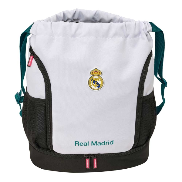Safta Real Madrid Equipacion 26/27 Saco Mochila - Cremallera Bidireccional - Portabotellas - Hombreras de Cinta Ajustables - Compartimento Inferior - 35x40x1cm - Color Blanco y Negro