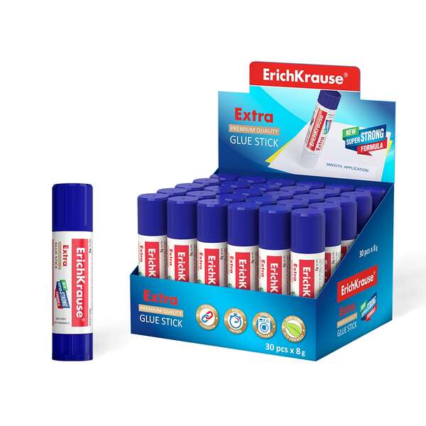 Erichkrause Pegamento en Barra Extra 8gr - Formula Super Fuerte - Consumo Economico - Adhesion Rapida y Fiable - Facil de Lavar con Agua - No Toxico - Color Blanco · Pack de 30 uds.