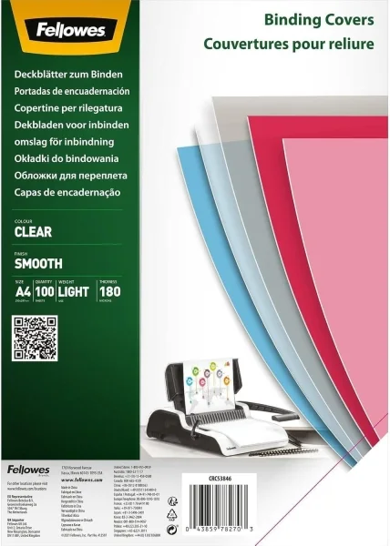 Fellowes Pack de 100 Portadas para Encuadernar de Polietileno A4 180 Micras - Producto Reciclable - Transparentes