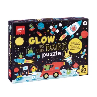 Apli Glow in the Dark Puzzle Fluorescente de 60 Piezas 6x6cm - Tematica Espacio - Efecto Fluorescente que Revela Diseños Ocultos - Poster para Facilitar Montaje - Recomendado para Niños a pa