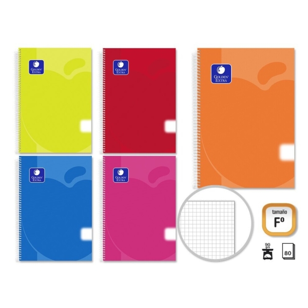 Golden Extra Pack de 5 Cuadernos Folio 80 Hojas 90gr Cuadricula - Margen Remarcado - Tapa Polipropileno Translucido - Colores Surtidos
